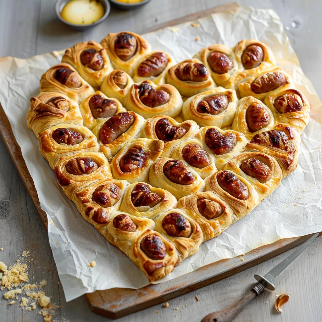 Herzförmiges Würstchen-Blätterteiggebäck zum Valentinstag