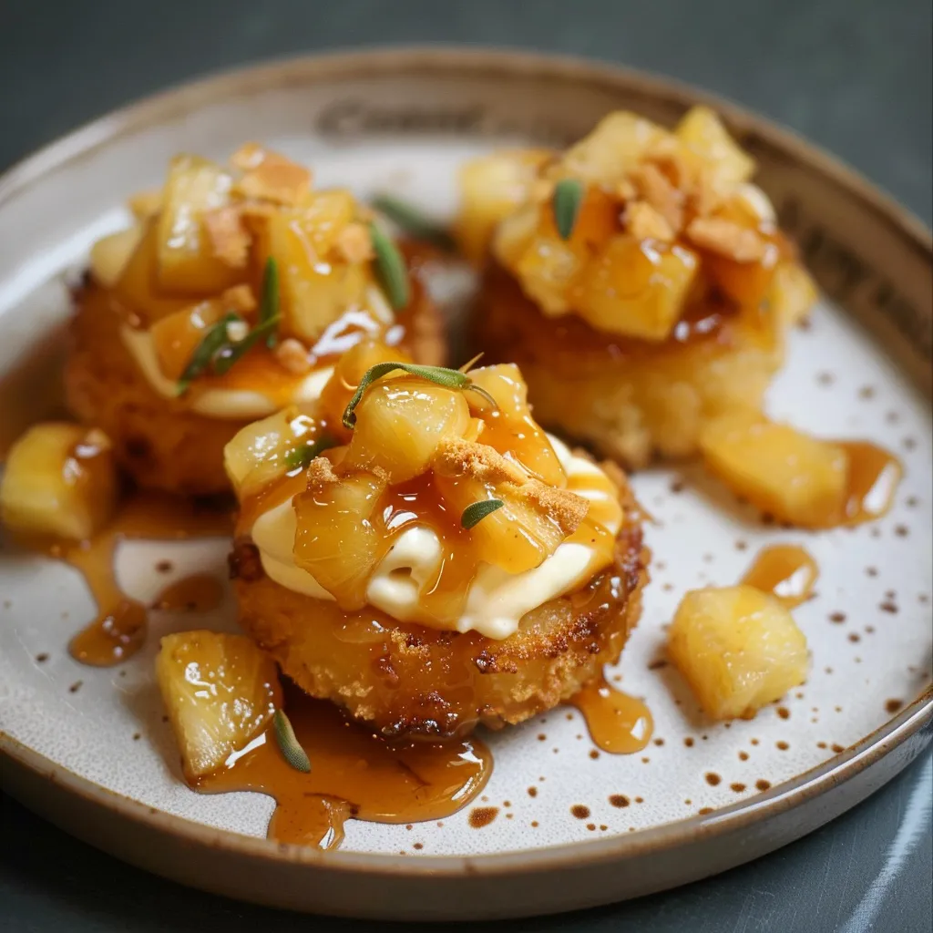 Bretonische Butterkekse mit Vanillecreme, gebratener Ananas und Rum-Karamell-Sauce