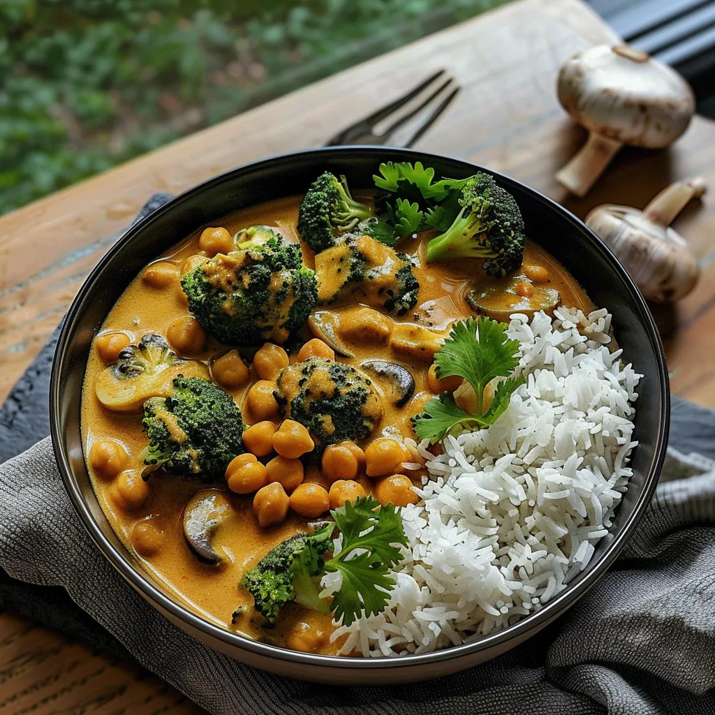 Brokkoli-Kichererbsen-Curry mit Kokosmilch und Pilzen