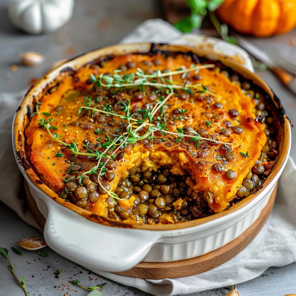 Veganer Auflauf mit Kuerbis und Linsen