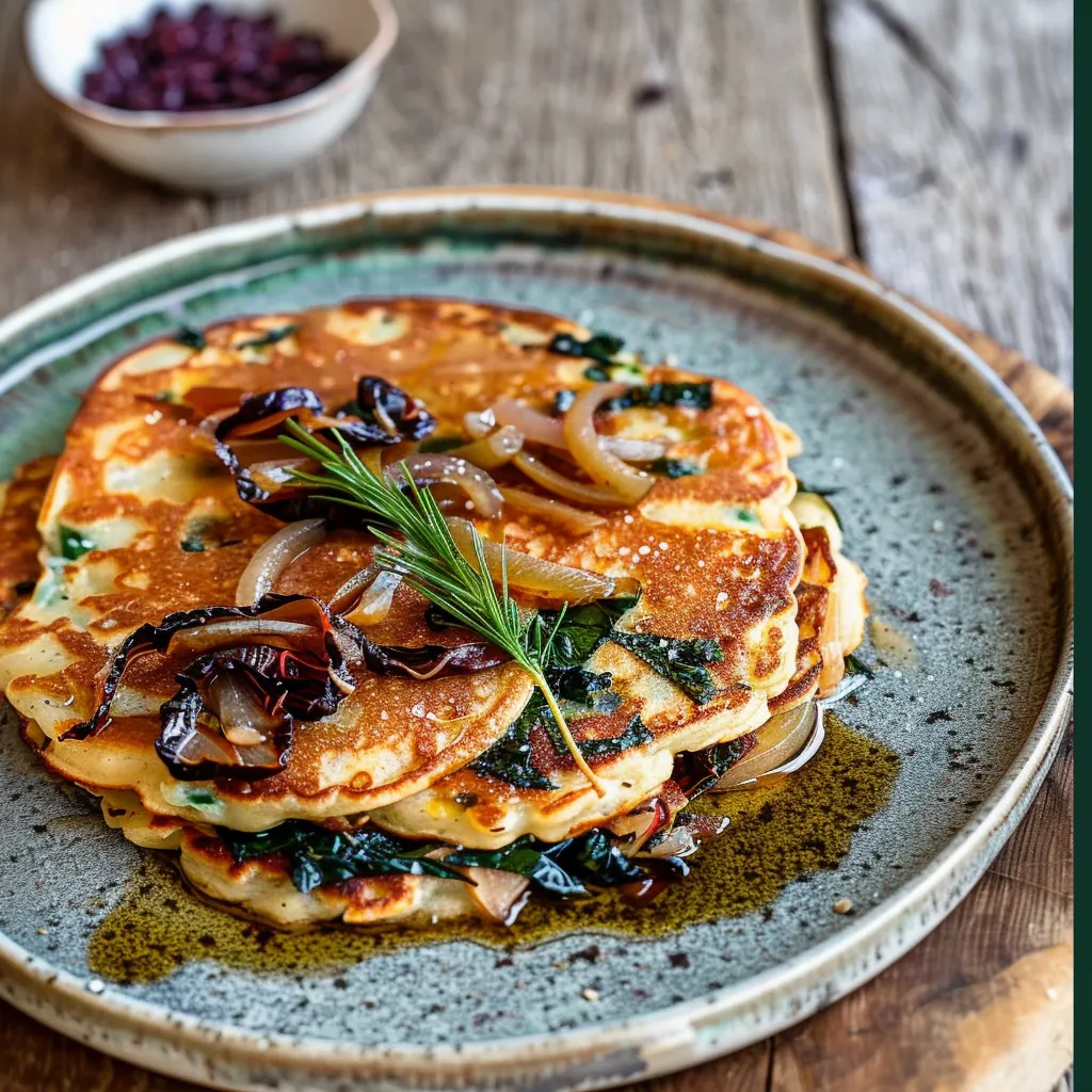 Rote-Linsen-Pfannkuchen mit Zwiebeln und Mangold - Vegetarisches Rezept