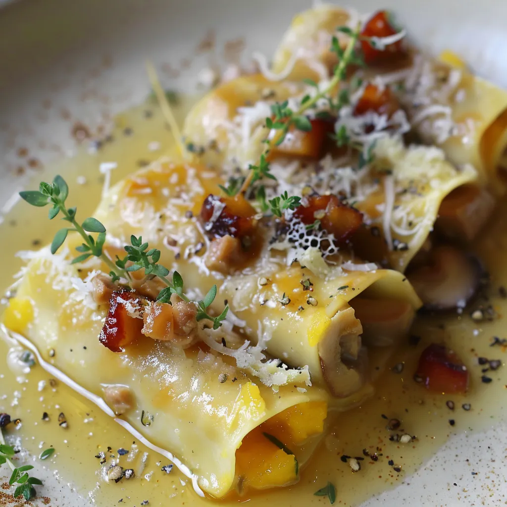 Cannelloni mit Entenkonfit und Gänseleberpastete, Hokkaido-Kürbispüree