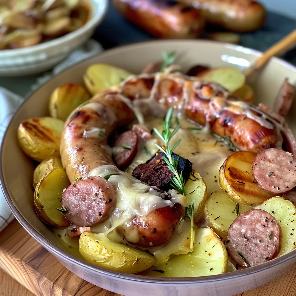 Mont d’Or mit Würstchen und Kartoffeln aus dem Ofen
