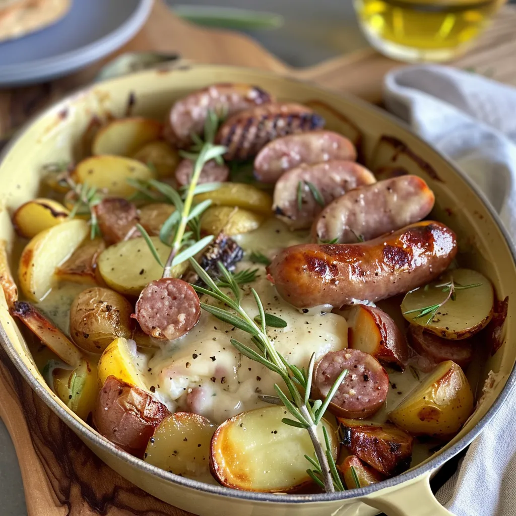 Mont d'Or mit Montbéliard-Würstchen und Kartoffeln