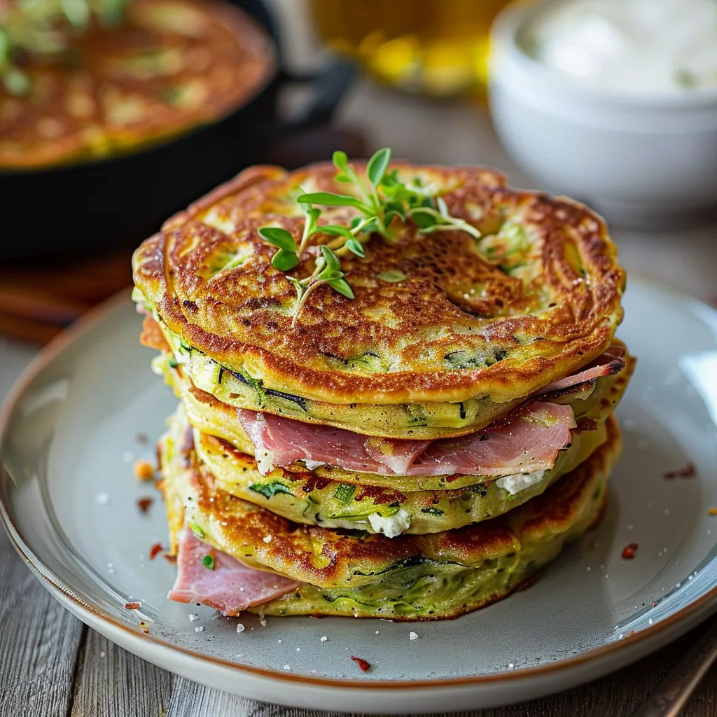 Gefüllte Zucchini-Pancakes mit Käse und Schinken