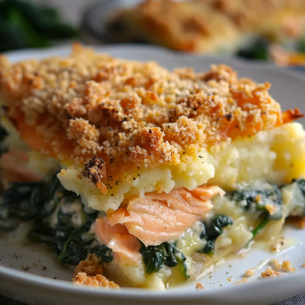 Parmentier mit Lachs & Spinat, Knusper-Topping