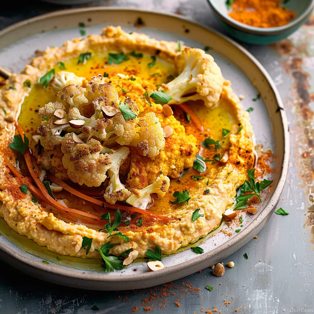 Leichtes Gericht: Gerösteter Blumenkohl und Karottenhummus