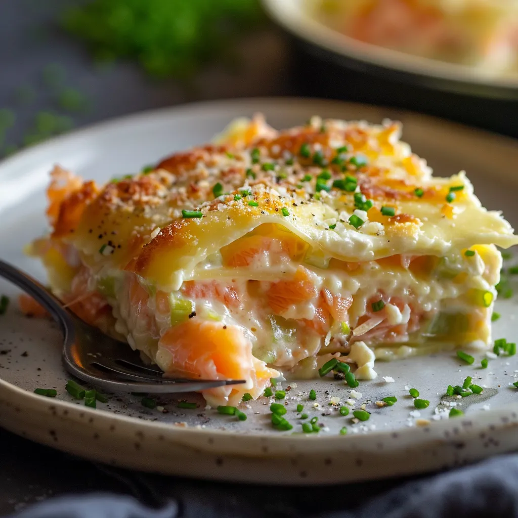 Ravioles Gratin mit Lauch und geräuchertem Lachs