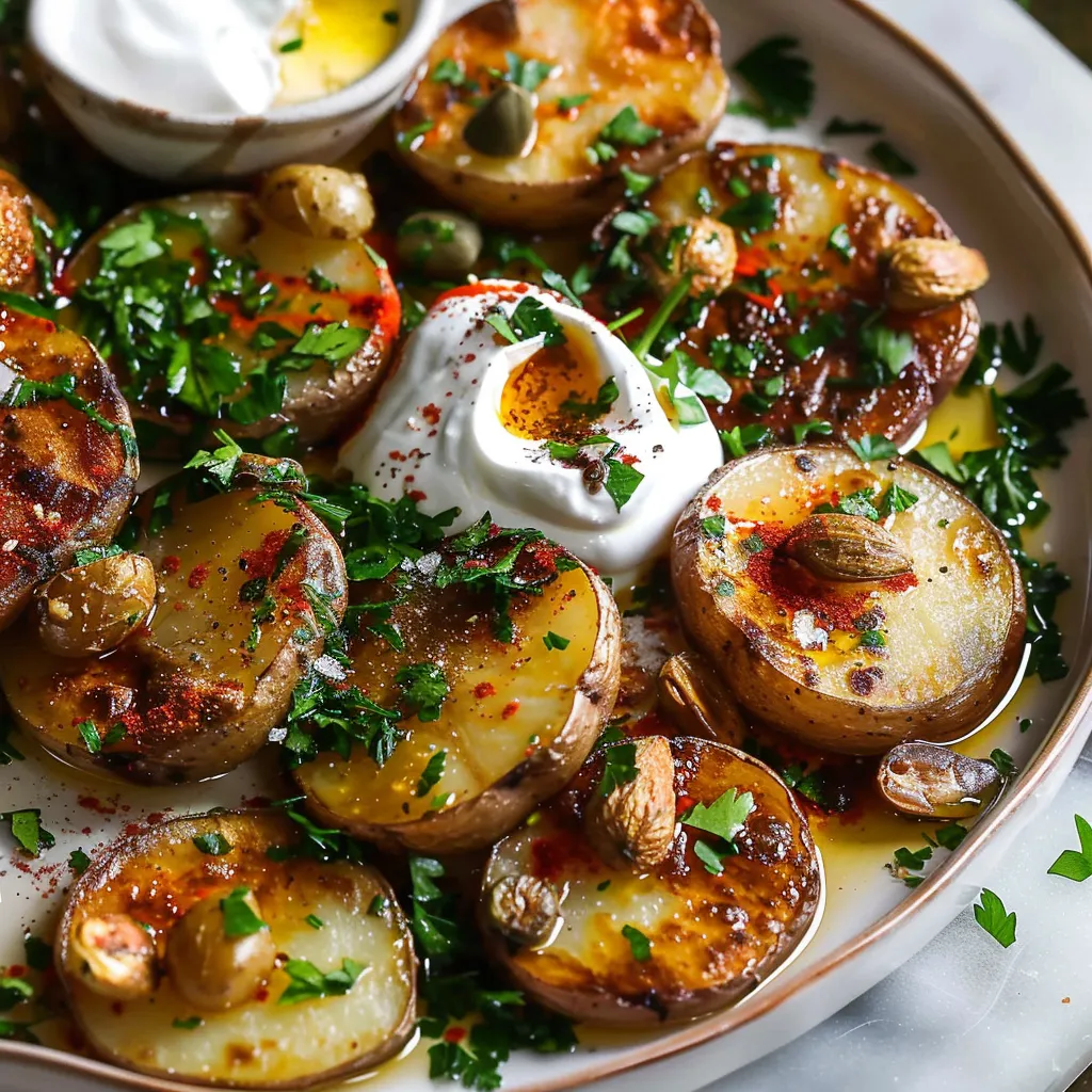 Knusprige Kartoffeln mit Knoblauchöl, Honigjoghurt und frischer Kräuter-Salsa