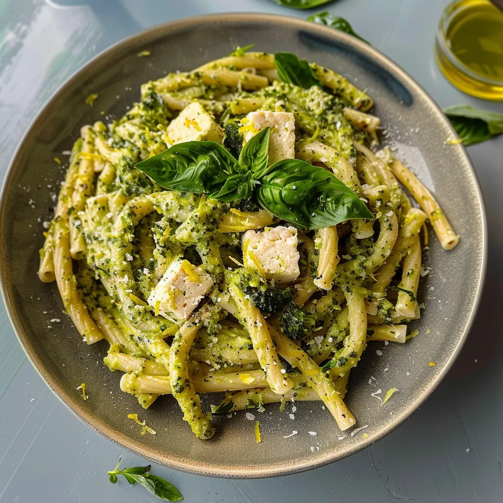 Brokkoli-Pesto Nudeln mit Zitronen-Tofu - Innovative vegane Kreation