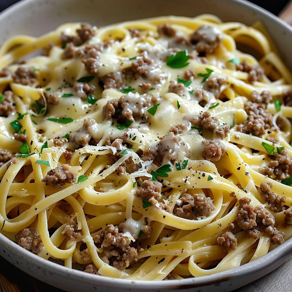 Cremige Linguine mit Knoblauchbutter und Hackfleisch