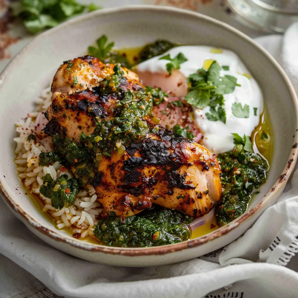 Hähnchen und Reis mit Limetten-Chimichurri und griechischem Joghurt
