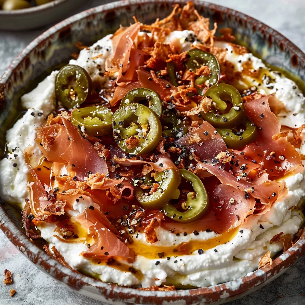 Cremiger Ricotta-Dip mit Knuspriger Mortadella und Würzigem Honig