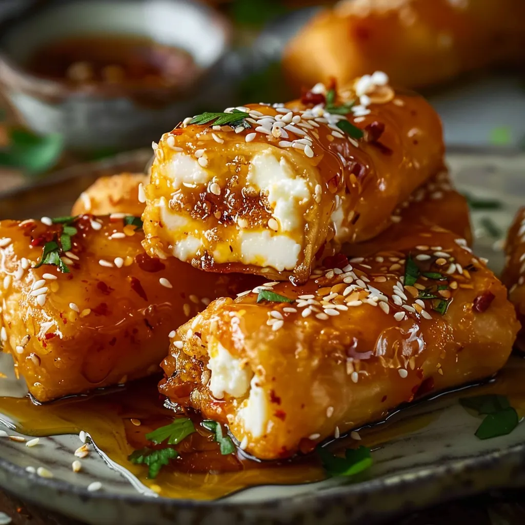 Knusprige Feta-Röllchen mit scharfem Honig überzogen, gebacken