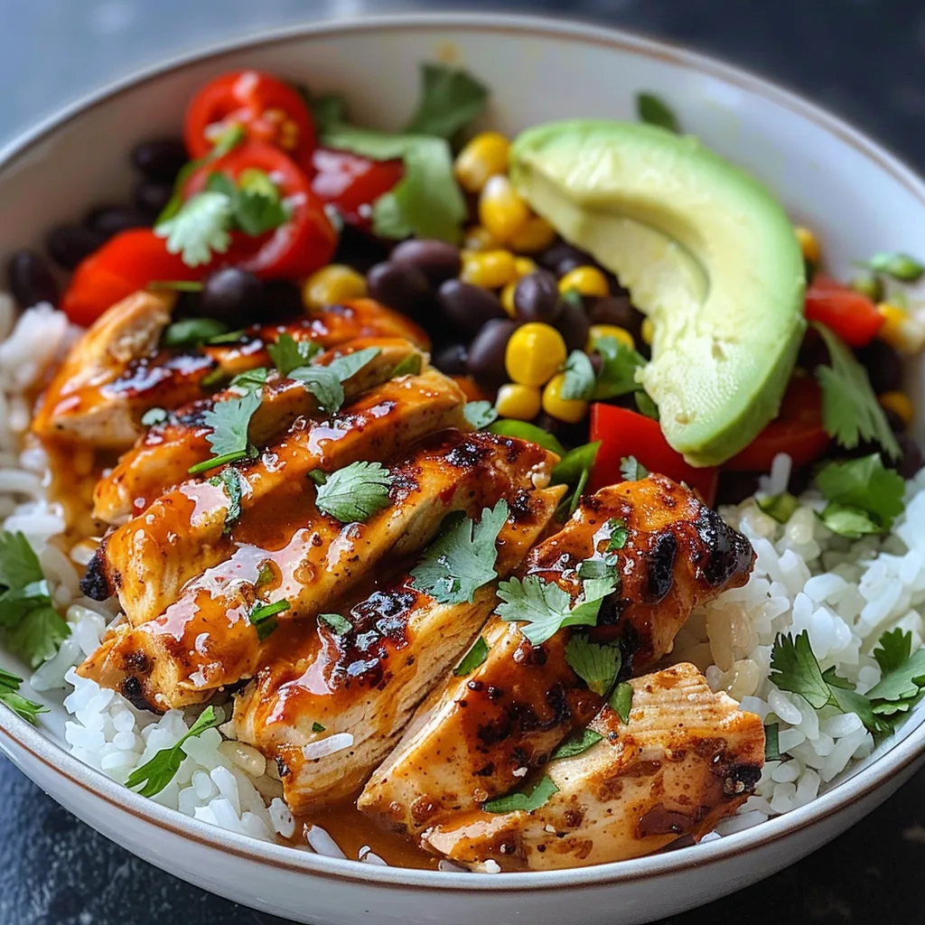Schalen mit Reis, Hühnchen, Honig und Chipotle