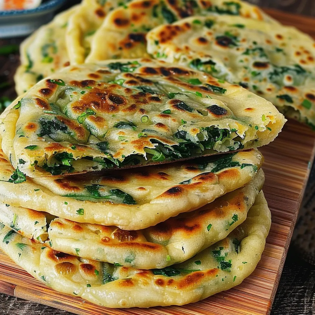 Fladenbrote mit Frühlingszwiebeln und Spinat