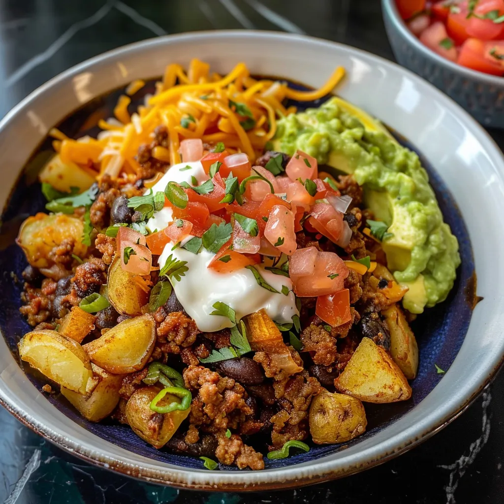 Mexikanische Taco-Schüssel: Rindfleisch, Kartoffeln und Beilagen