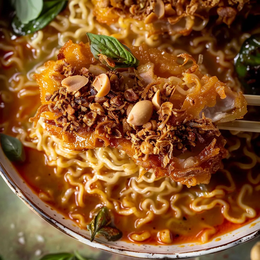Knuspriger Poulet Ramen mit Curry und Erdnüssen in 30 Minuten