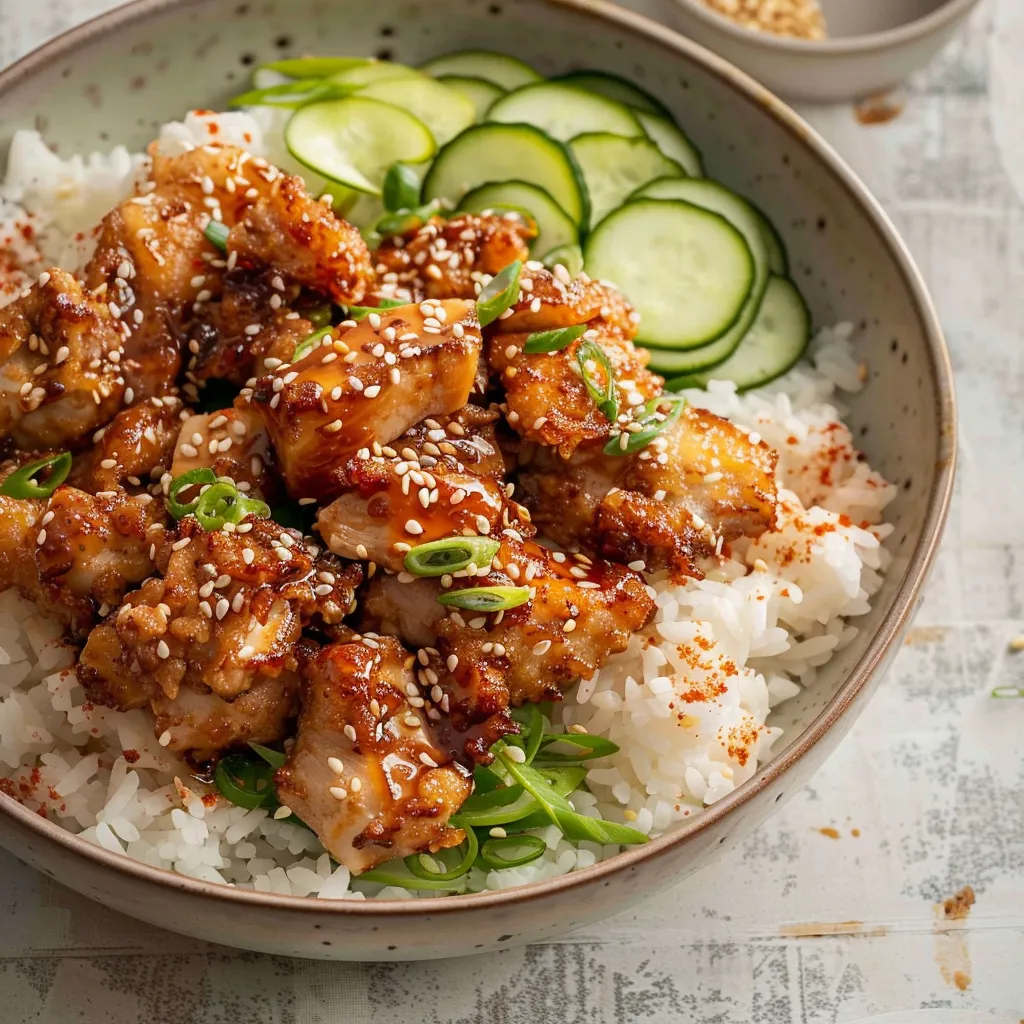 Schüssel mit knusprigem Karaage-Hühnchen, Reis und Gurkensalat