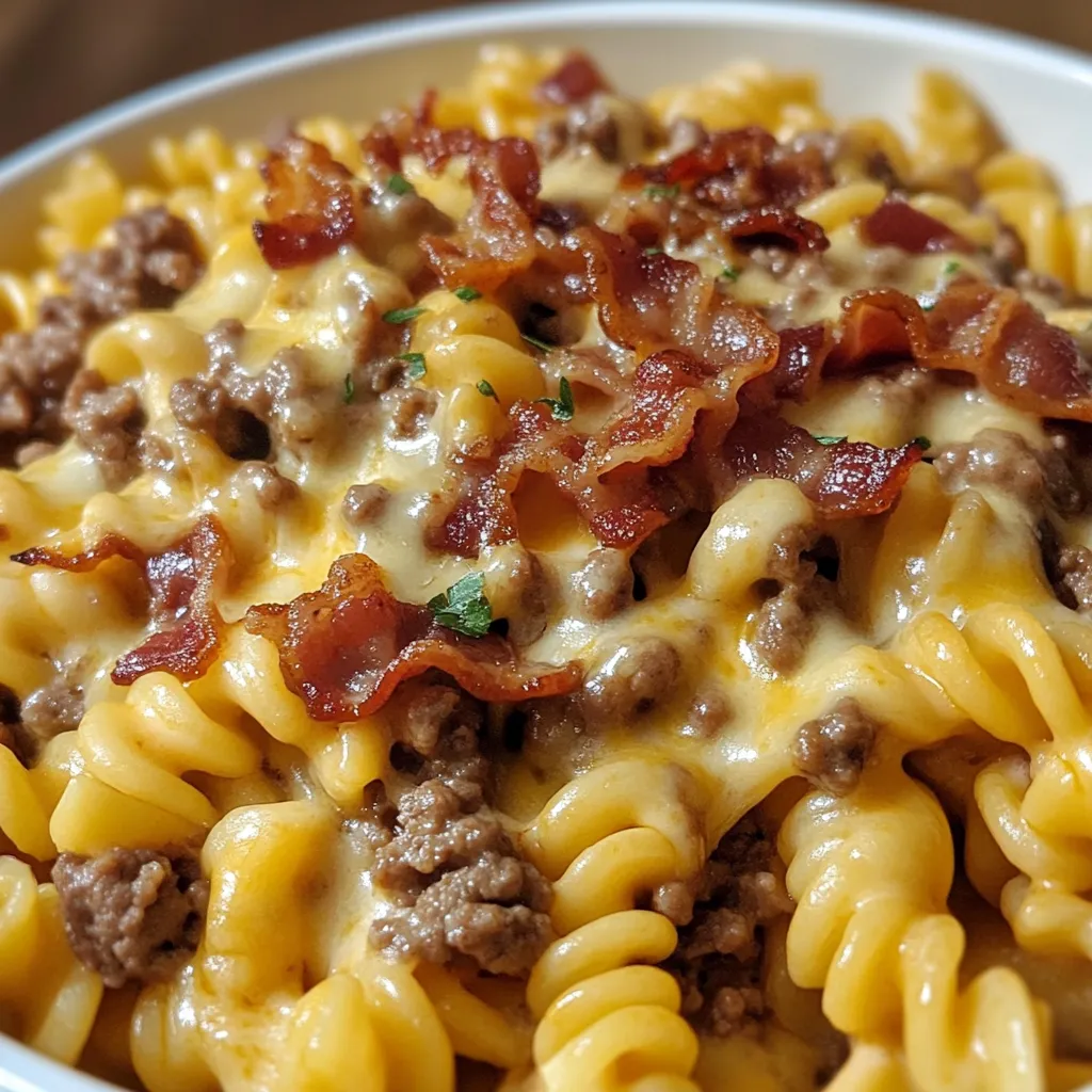 Cheeseburger-Nudeln mit Speck - Einfaches Rezept