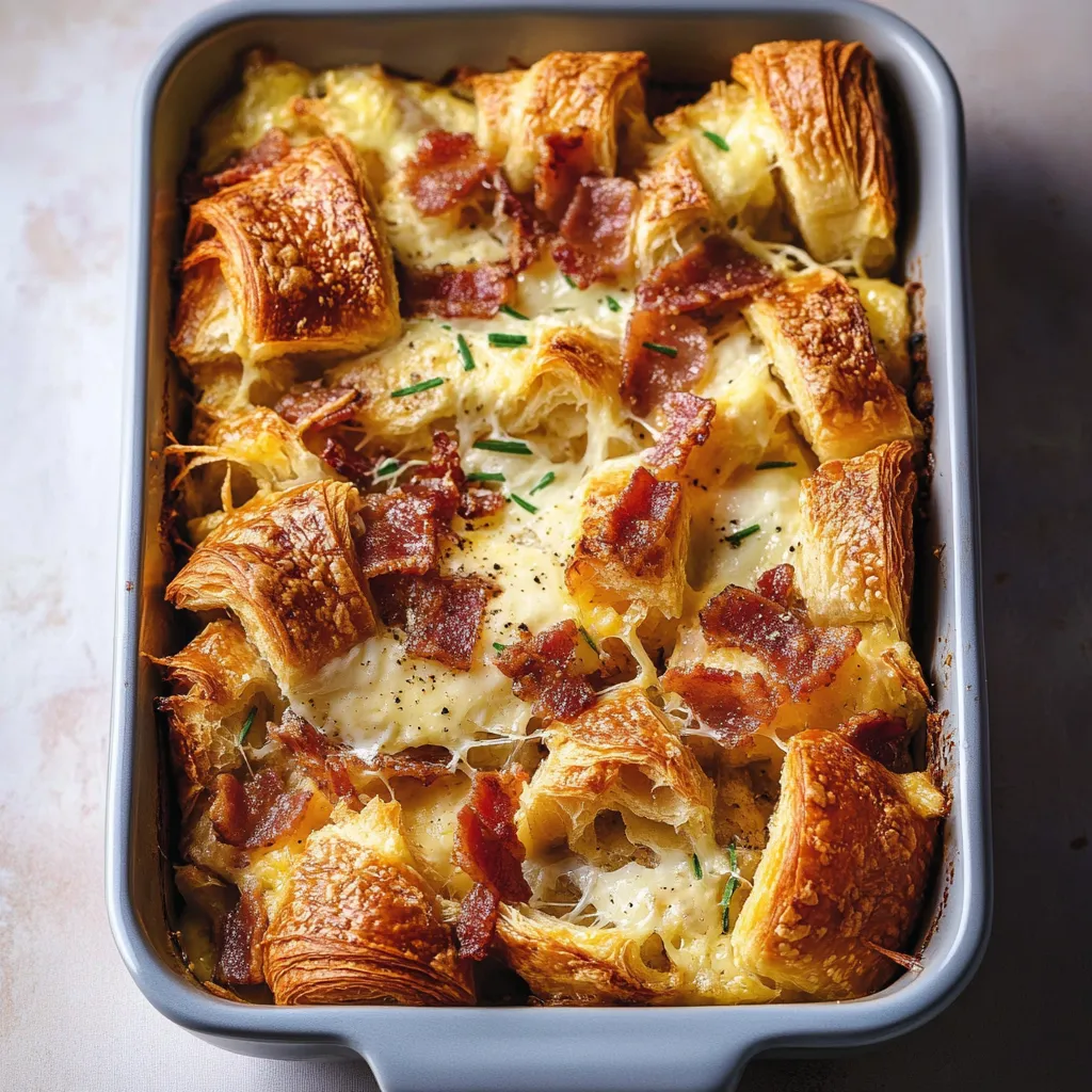 Croissant-Gratin mit Käse und Bacon fürs Frühstück