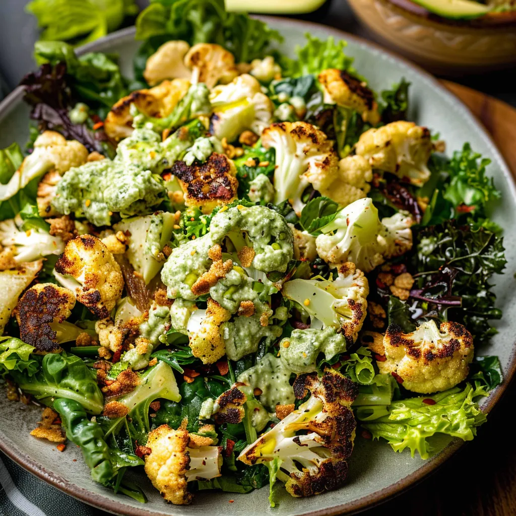 Grüner Göttin Salat mit geröstetem Blumenkohl