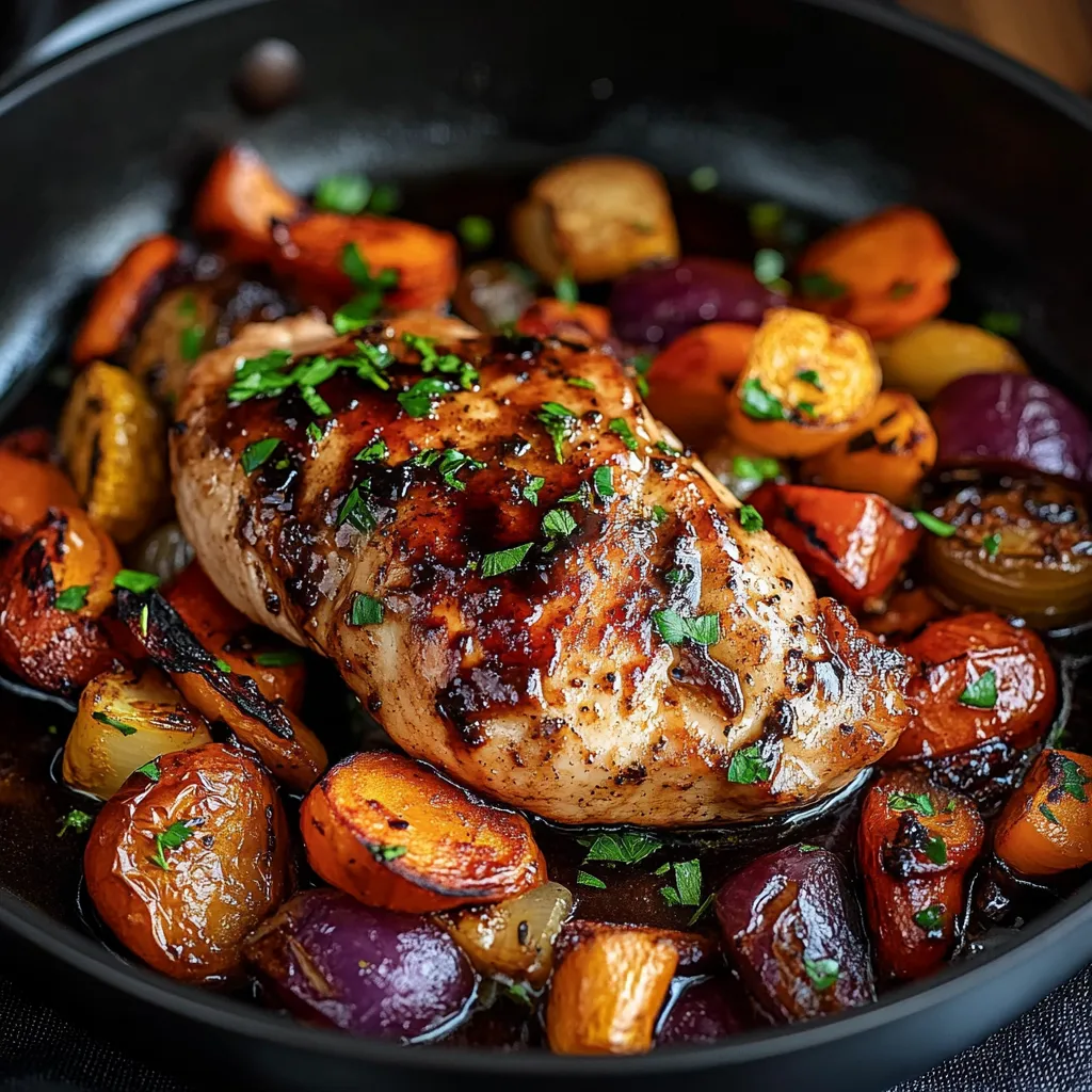 alles-auf-einem-blech: saftiges balsamico-hähnchen mit ofengemüse