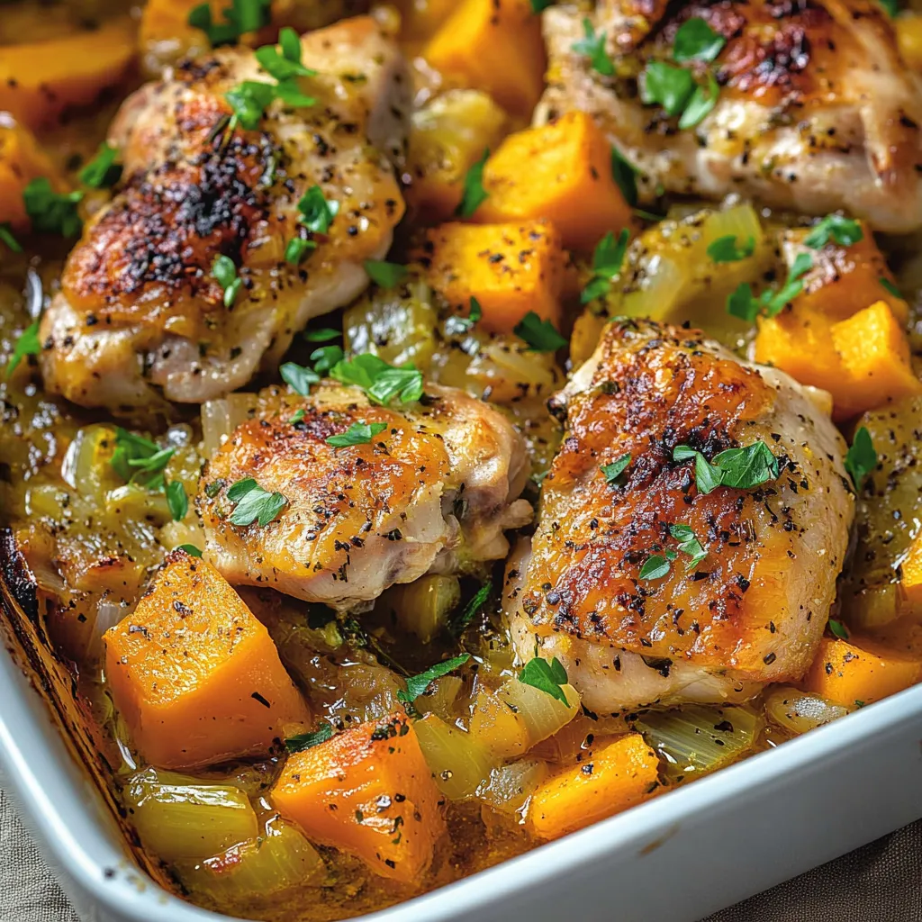 Ofen-Hähnchen mit Lauch und Butternut auf dem Tisch serviert