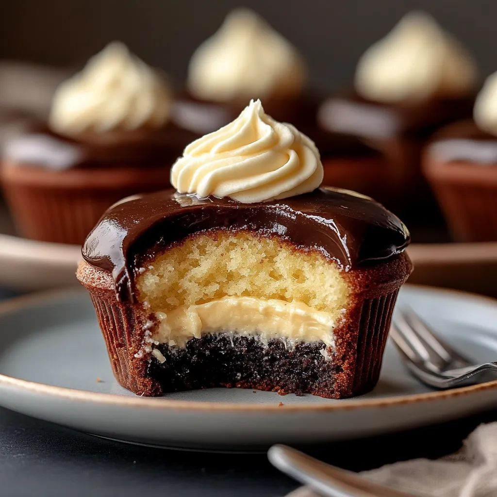 Boston Cream Cupcakes mit cremiger Füllung und Schokoschicht