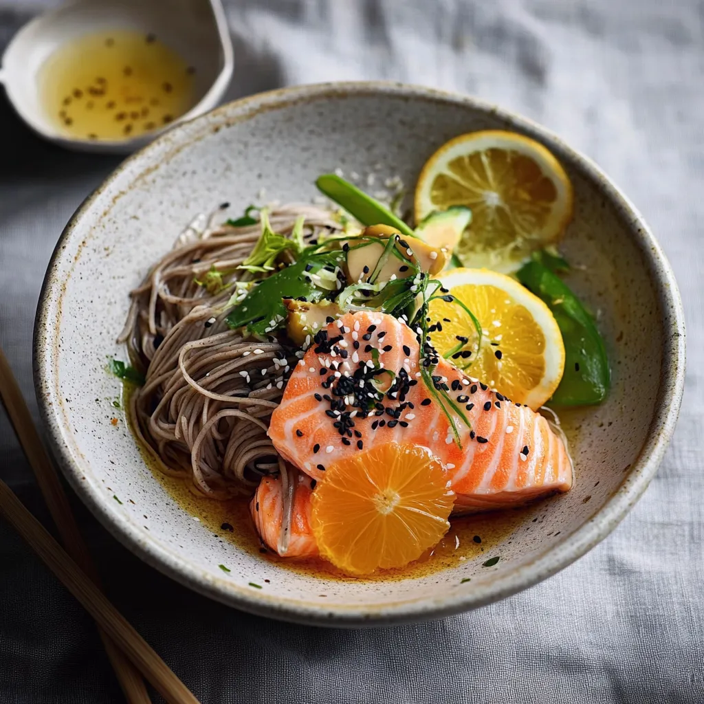 Soba mit Lachs, grünen Bohnen und Zitronen-Ingwer-Dressing