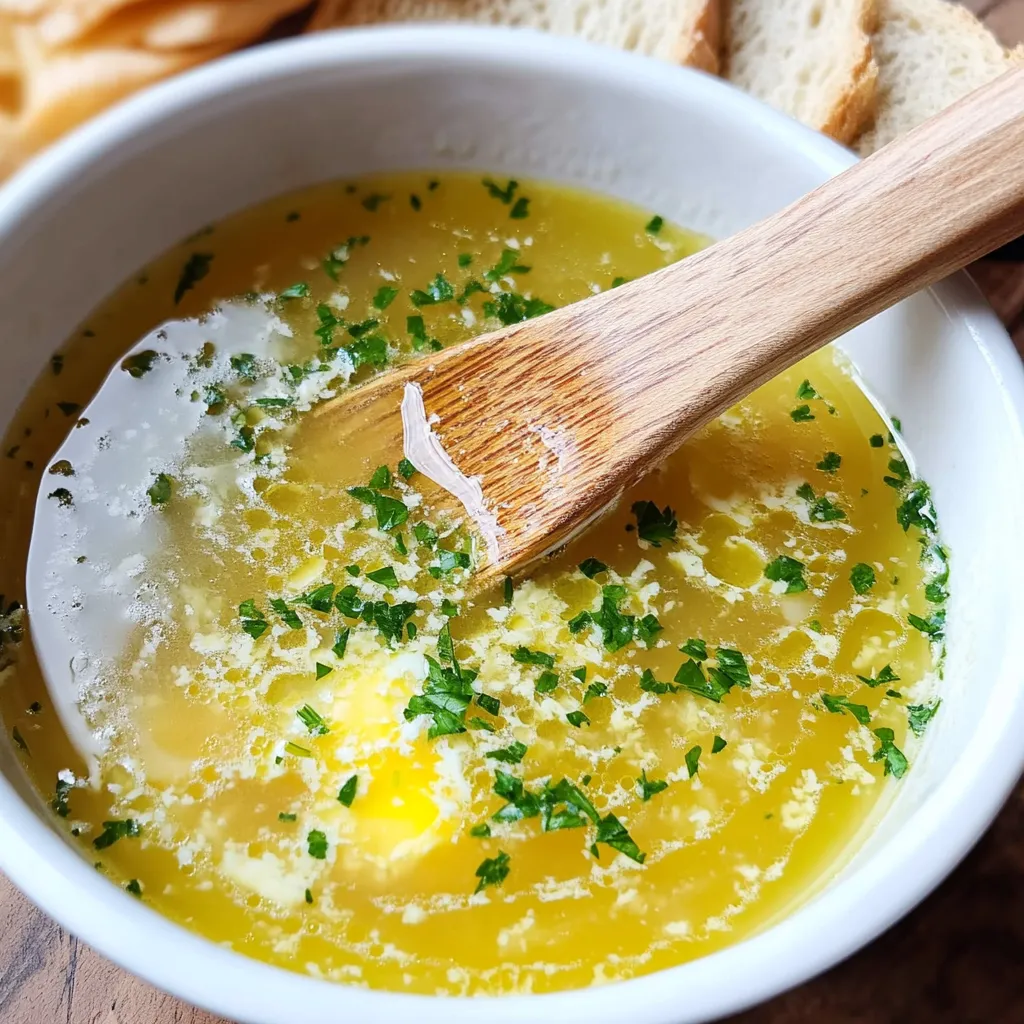 Knoblauchsuppe mit Ei und Safran, belegt mit Petersilie und Zitronensaft