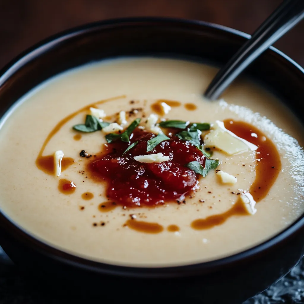 Käsesuppe mit Kartoffel und Tomatenmarmelade