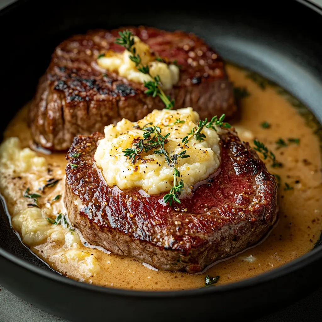 Mit cremiger Soße überzogene Rumpsteaks