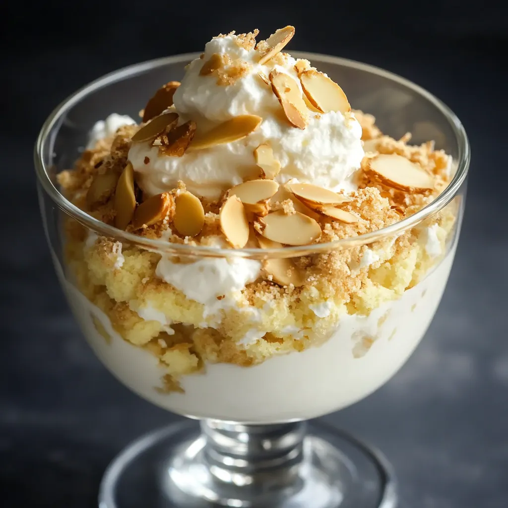 Ein leichtes Sahnedessert mit Scotch, geschichtet mit Keksstücken und Mandelblättchen obendrauf.
