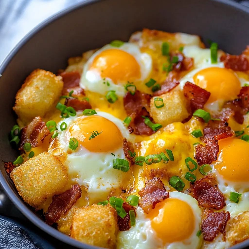 Knusprige Totchos mit Bacon, Ei und Käse