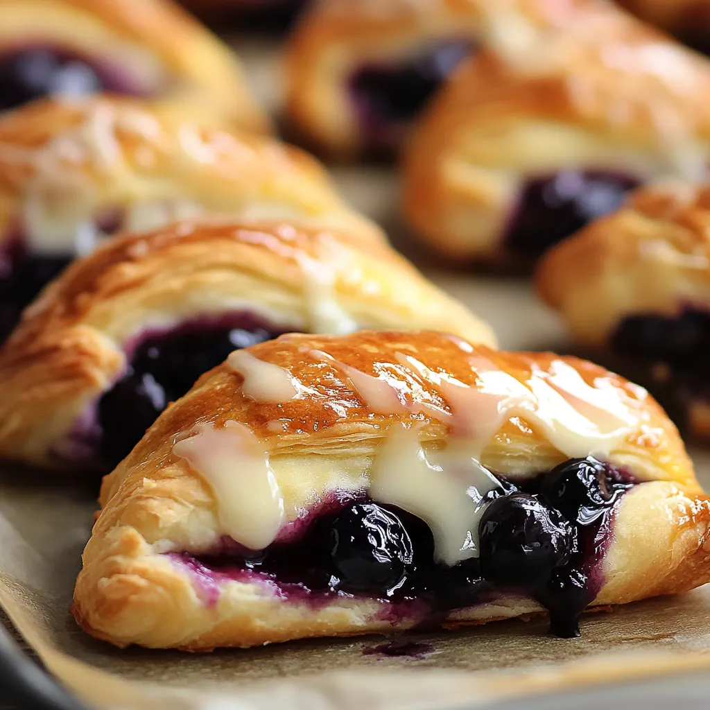 Goldbraune Croissants gefüllt mit süßem Frischkäse und Blaubeeren