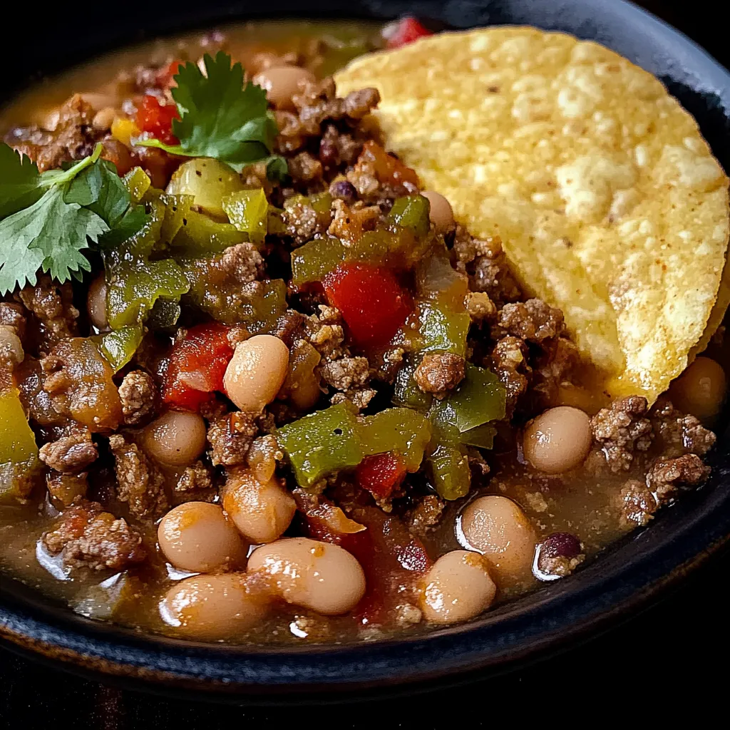 Selbst gemachtes Picadillo mit grünen Chilis und Pintobohnen