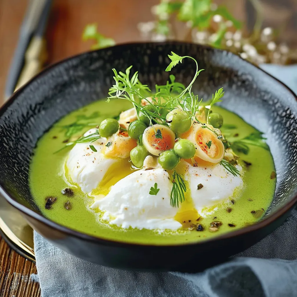 Cremige Spargelsuppe mit Burrata und Räucherfisch
