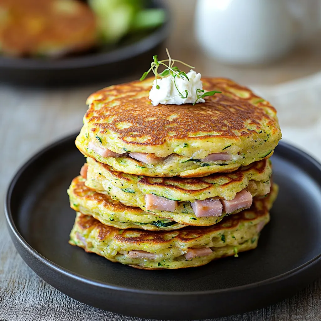 Mach Pancakes mit Zucchini, Ziegenkäse und Schinken