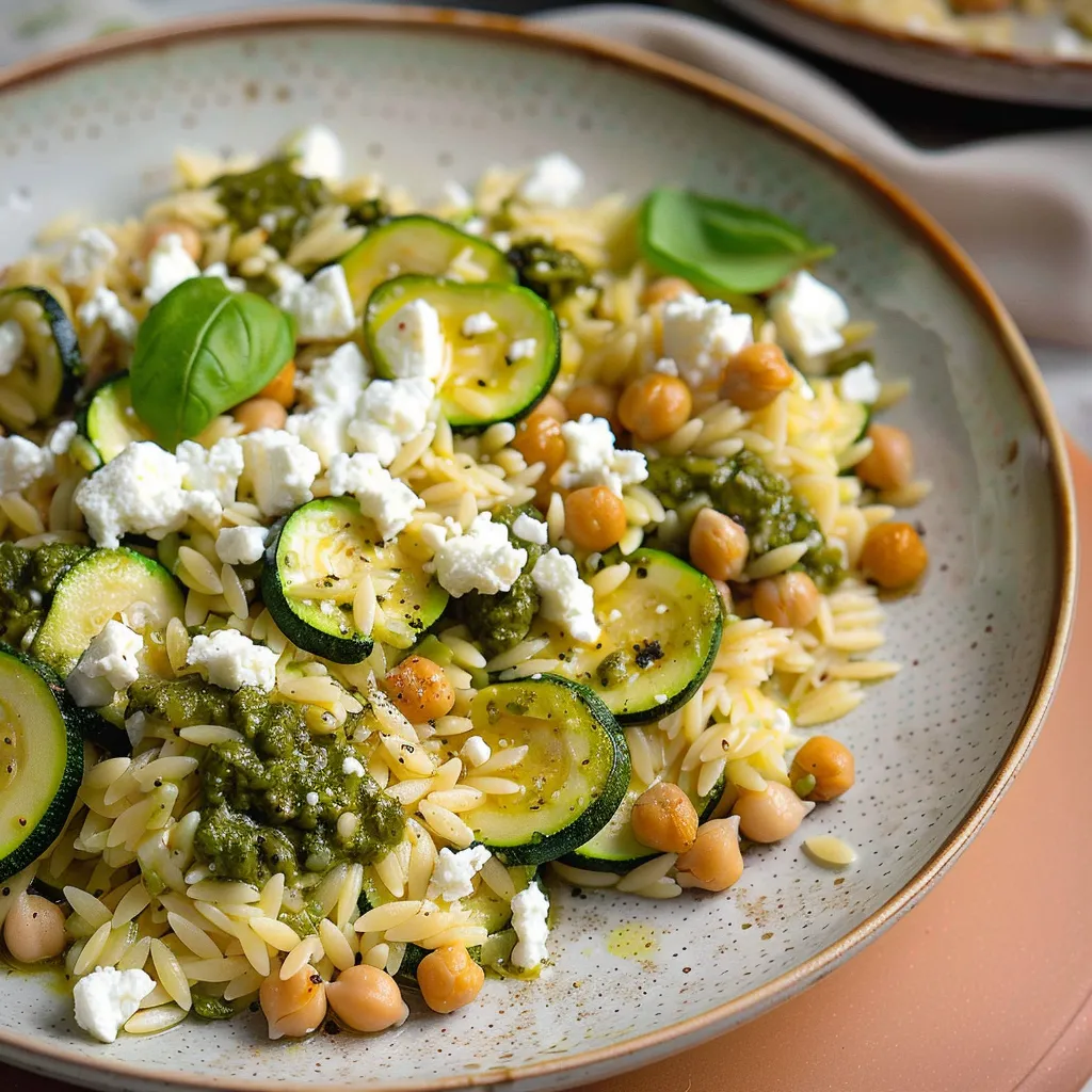 Orzo mit Zucchini, Pesto und cremigem Feta