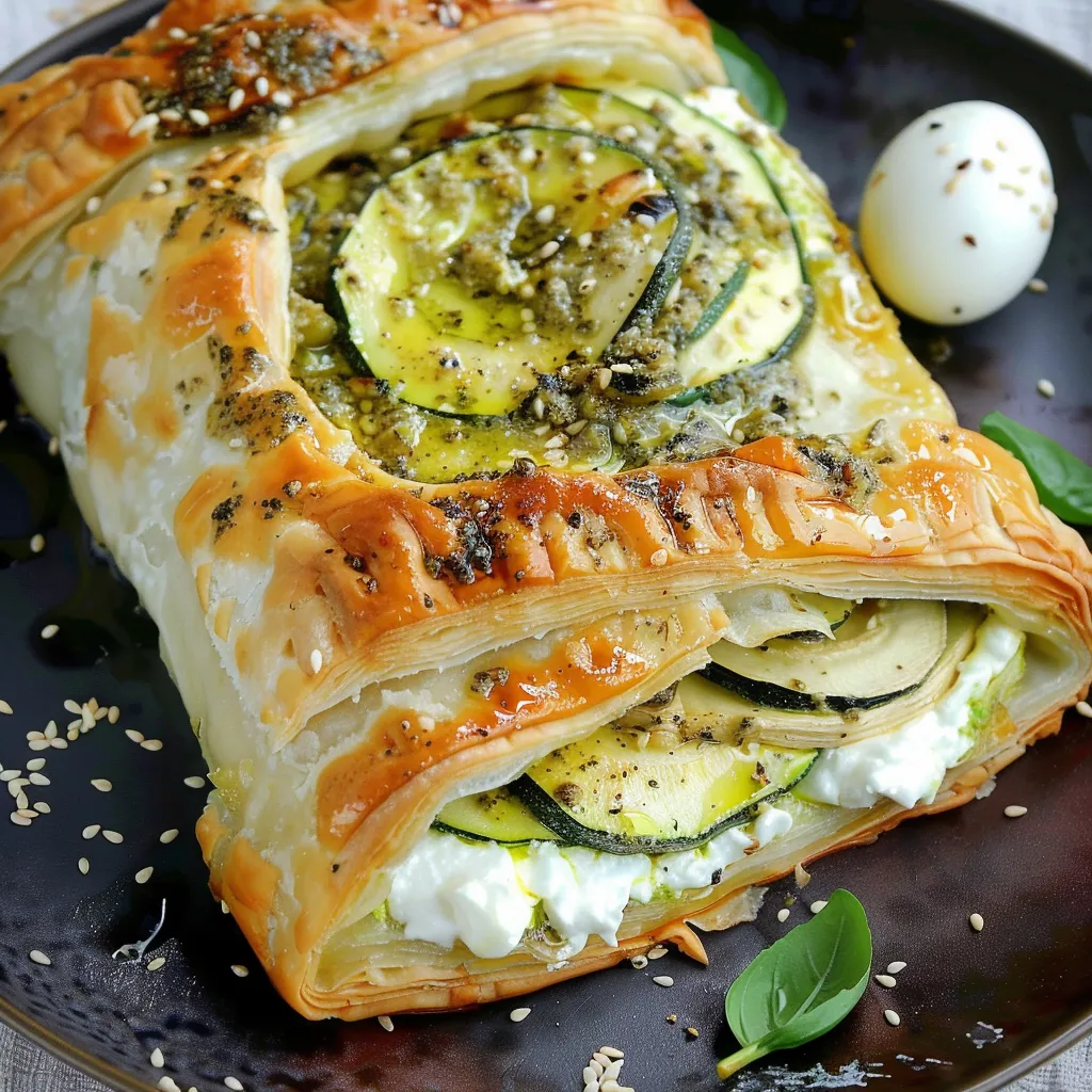 Blätterteig mit Zucchini, Pesto und Burrata