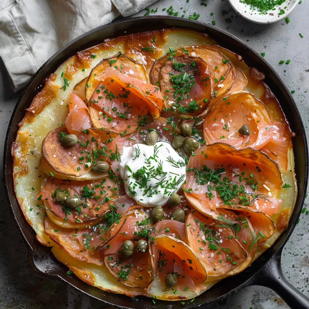Knusprige Kartoffel-Galette mit Räucherlachs und Crème fraîche