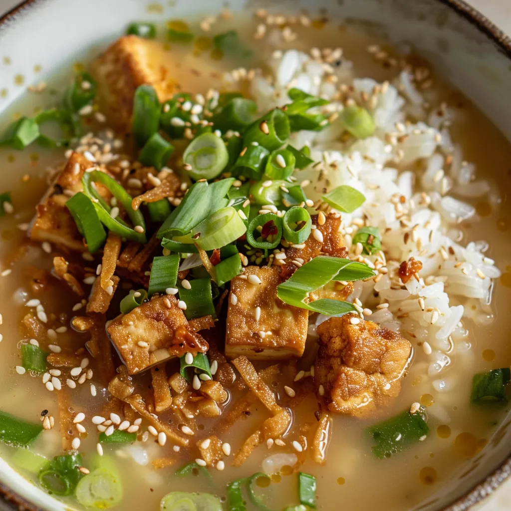Genieß eine Miso-Ingwer-Suppe mit knusprigem Tofu