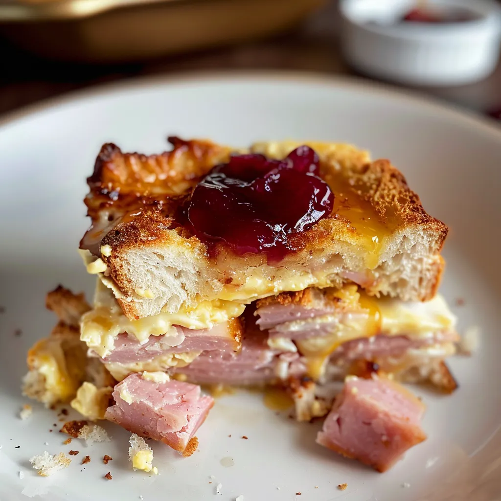 Überbackener, goldbrauner Monte Cristo-Auflauf im Ofen