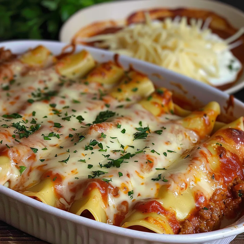Mit Rind gefüllte Cannelloni, überzogen mit cremiger Mozzarellasoße