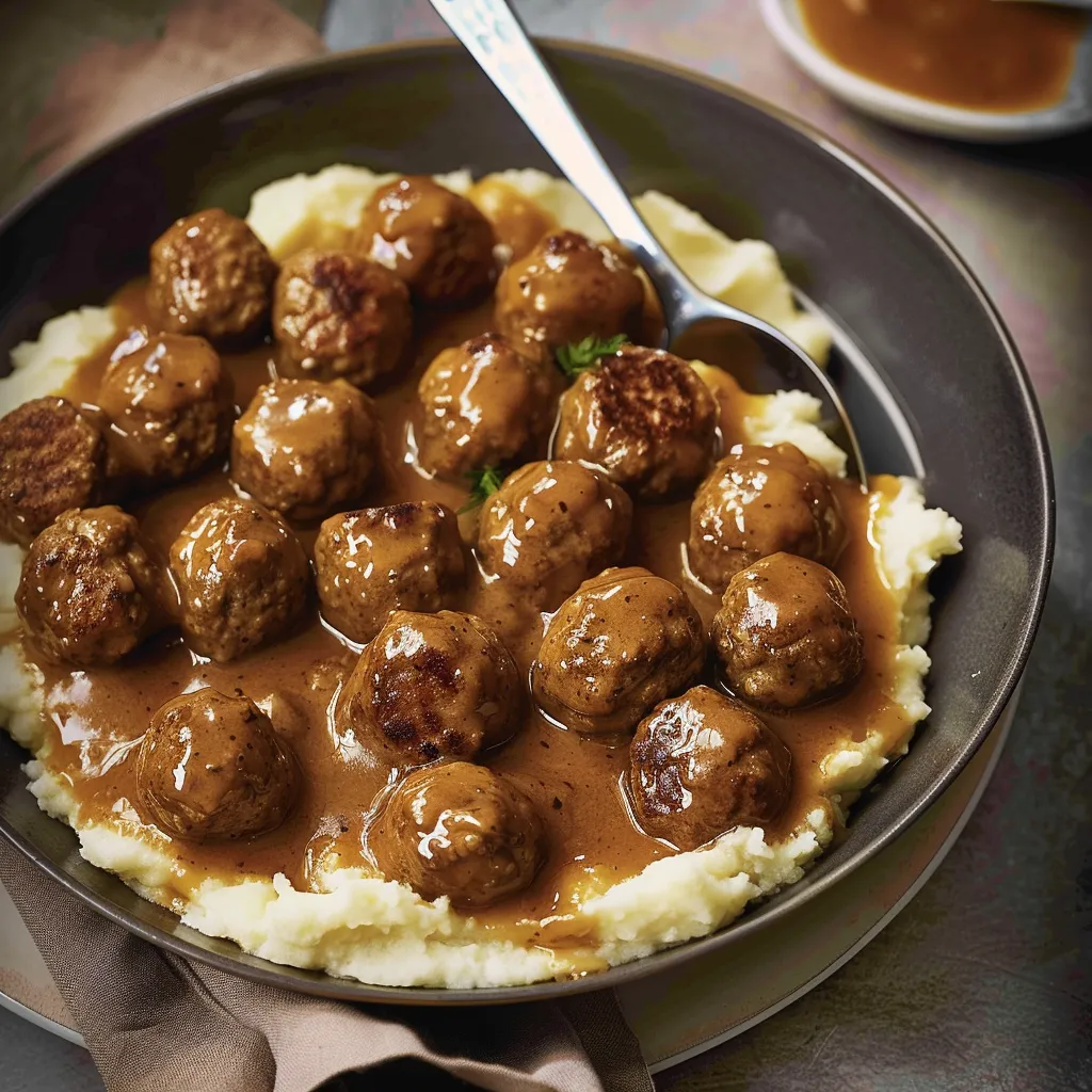 Hackbällchen mit dunkler Biersoße und Selleriepüree