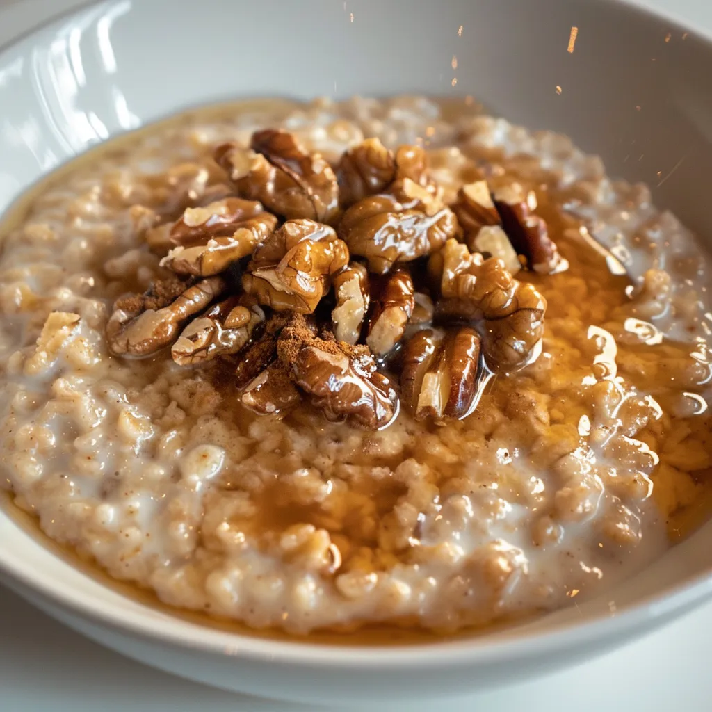 Herzhafter Haferbrei mit Ahornsirup und Nüssen zum Frühstück