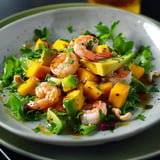 Ein bunter Salat aus Garnelen, Mango, Avocado und frischen Kräutern auf Blattsalat, serviert mit dressing.