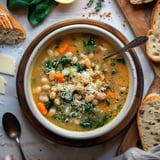 Ein Schüssel mit Bohnensuppe, Spinat und Karotten, garniert mit geriebenem Käse und serviert mit knusprigem Brot.