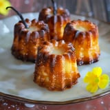 Vier goldbraune Cannelés liegen auf einem Teller, garniert mit einer gelben Blume.